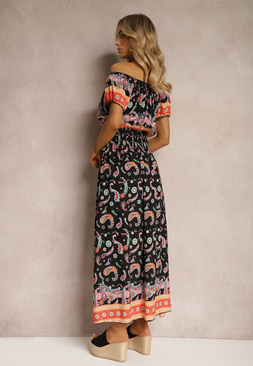 Czarno-Pomarańczowa Letnia Sukienka z Bawełny o Fasonie Hiszpanki z Gumką w Pasie i Wzorem Paisley Delsina