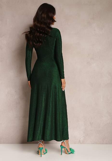 Zielona Sukienka z Marszczeniem przy Dekolcie Metaliczna Enemelle