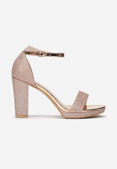 Szampańskie Sandały na Słupku Zdobione Brokatem Aldohr