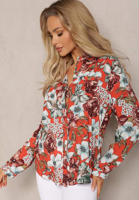 Czerwona Koszula z Podpinanymi Rękawami w Kwiaty z Wiskozy Roxie