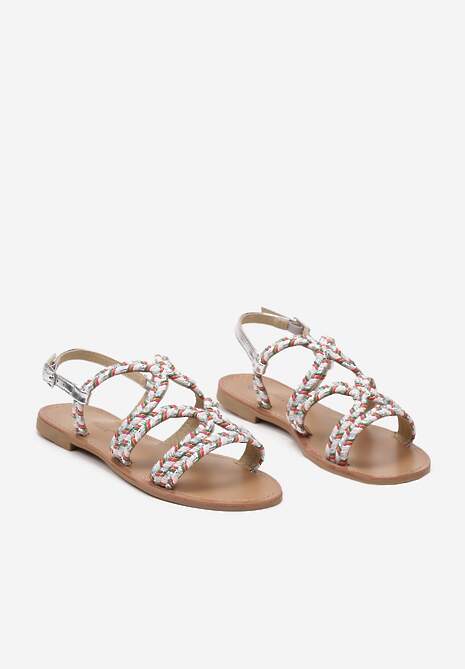 Srebrne Sandały na Płaskiej Podeszwie Ozdobione Paskami z Plecionki Jaslila