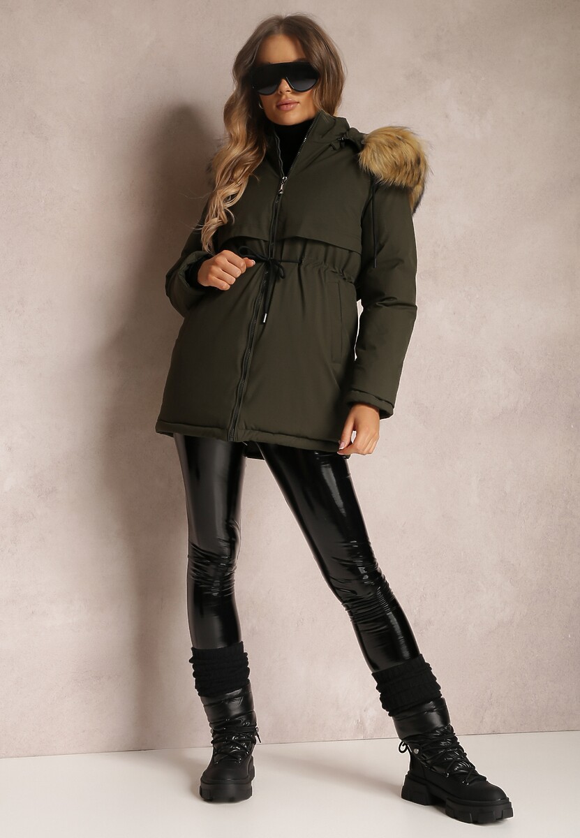 Ciemnozielona Kurtka Parka z Kapturem z Futerkiem Bimi