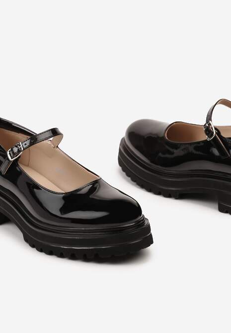 Czarne Półbuty o Lakierowanym Połysku na Platformie ze Sprzączką Ledianma