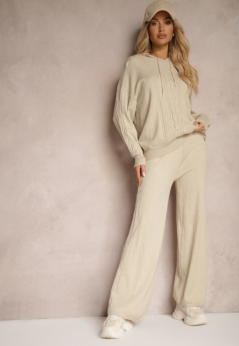 Jasnobeżowy Komplet z Dzianiny Oversizowa Bluza z Kapturem i Spodnie z Szerokimi Nogawkami Mathuva