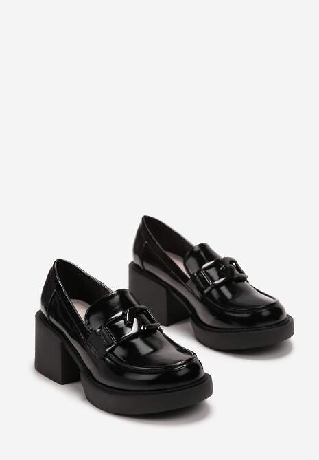 Czarne Lakierowane Półbuty w Stylu Mokasynów na Obcasie ze Skórzaną Wkładką Sahali