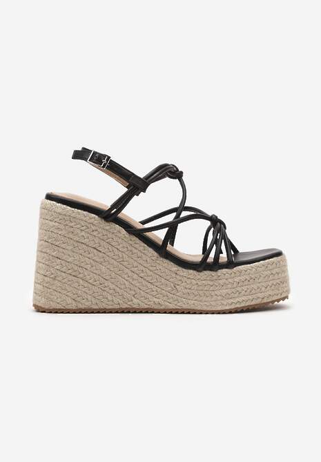 Czarne Sandały na Plecionym Koturnie z Platformą z Cienkimi Rzemykami Effina