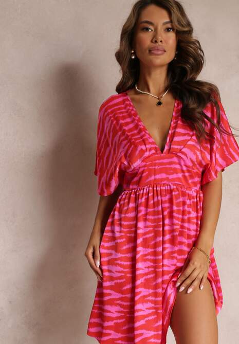 Różowo-Czerwona Rozkloszowana Sukienka Satynowa z Rękawem typu Nietoperz Elrera