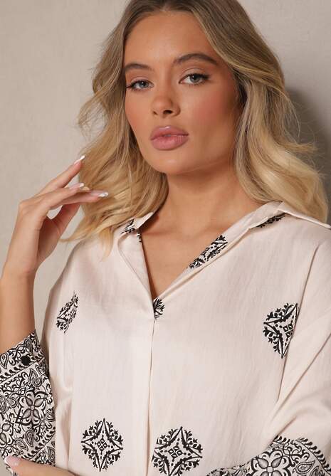 Beżowa Sukienka z Wiskozy w Abstrakcyjny Wzór Nalalith