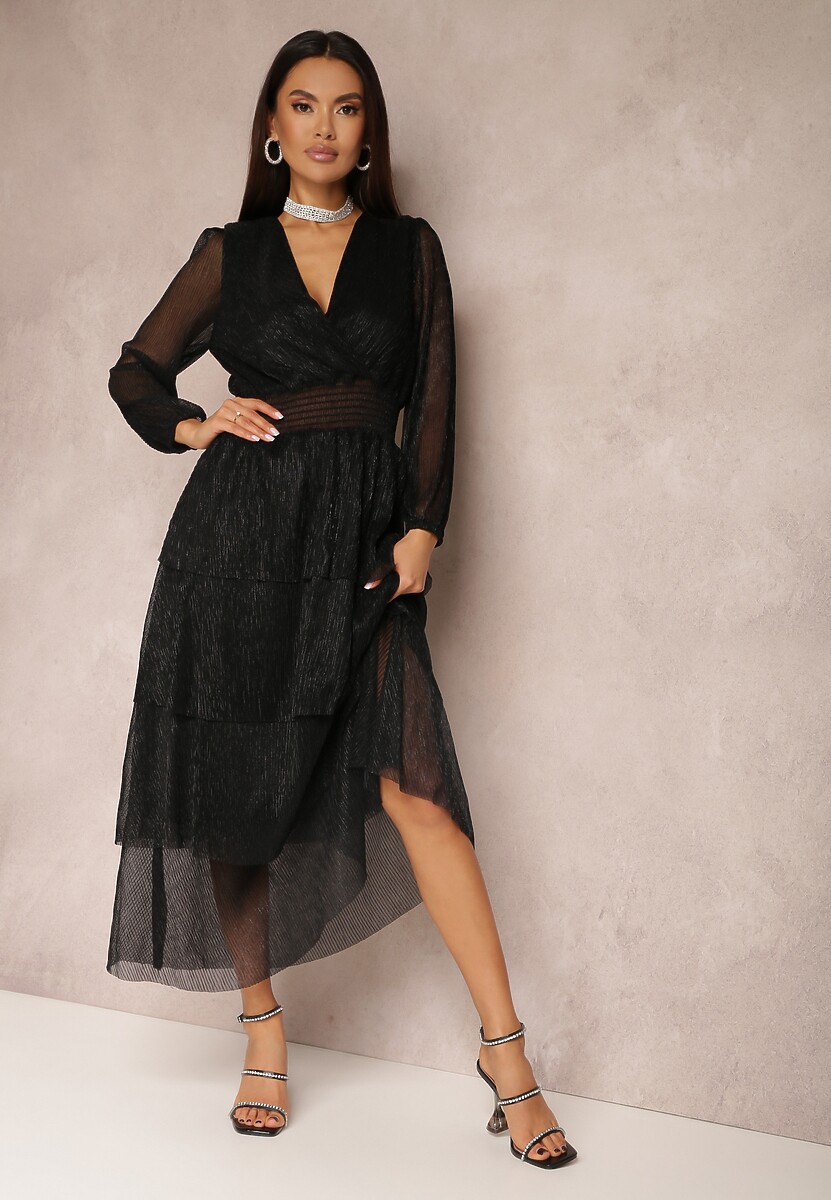 Czarna Sukienka Błyszcząca z Falbanami i Transparentnym Rękawem Halose