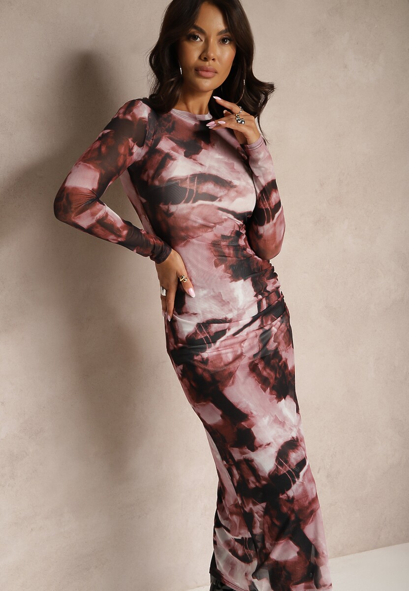 Brązowa Dopasowana Sukienka Siateczkowa Maxi z Rozcięciem i Marszczeniem Soininen