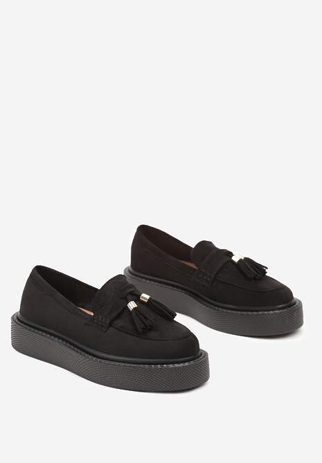 Czarne Mokasyny z Ekozamszu na Niskiej Platformie z Frędzlami na Noskach Relabrina