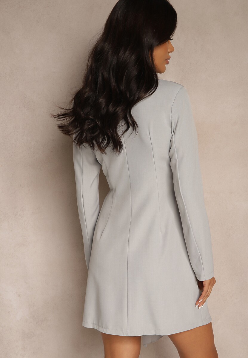 Jasnoszara Mini Sukienka z Plisami i Kopertowym Dekoltem Ozdobiona Guzikami Eiloni