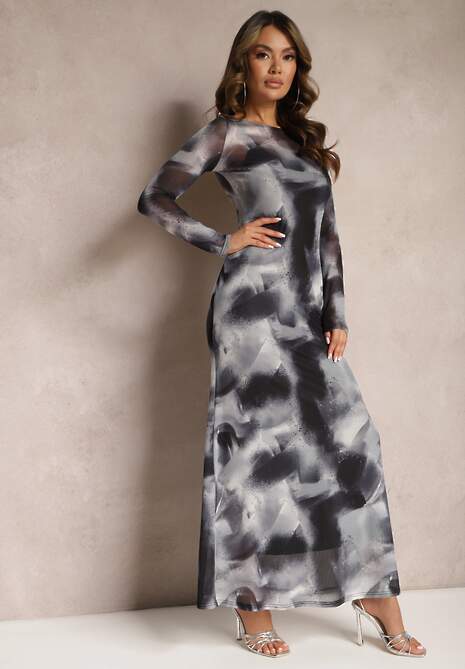 Czarno-Szara Siateczkowa Sukienka Maxi Ozdobiona Wzorem Tie-Dye Elthiwina