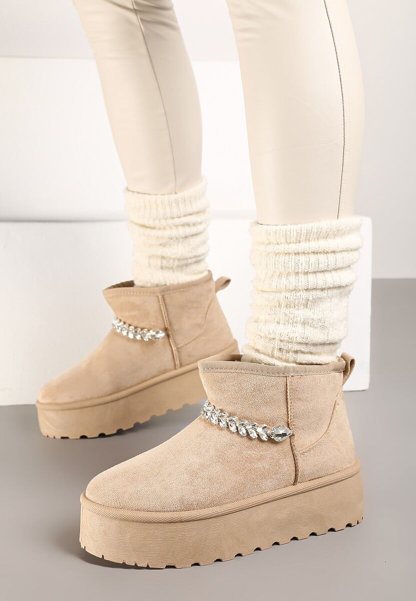 Ciemnobeżowe Śniegowce na Grubej Podeszwie z Ekozamszu Ozdobione Cyrkoniowym Łańcuszkiem Ninnalith