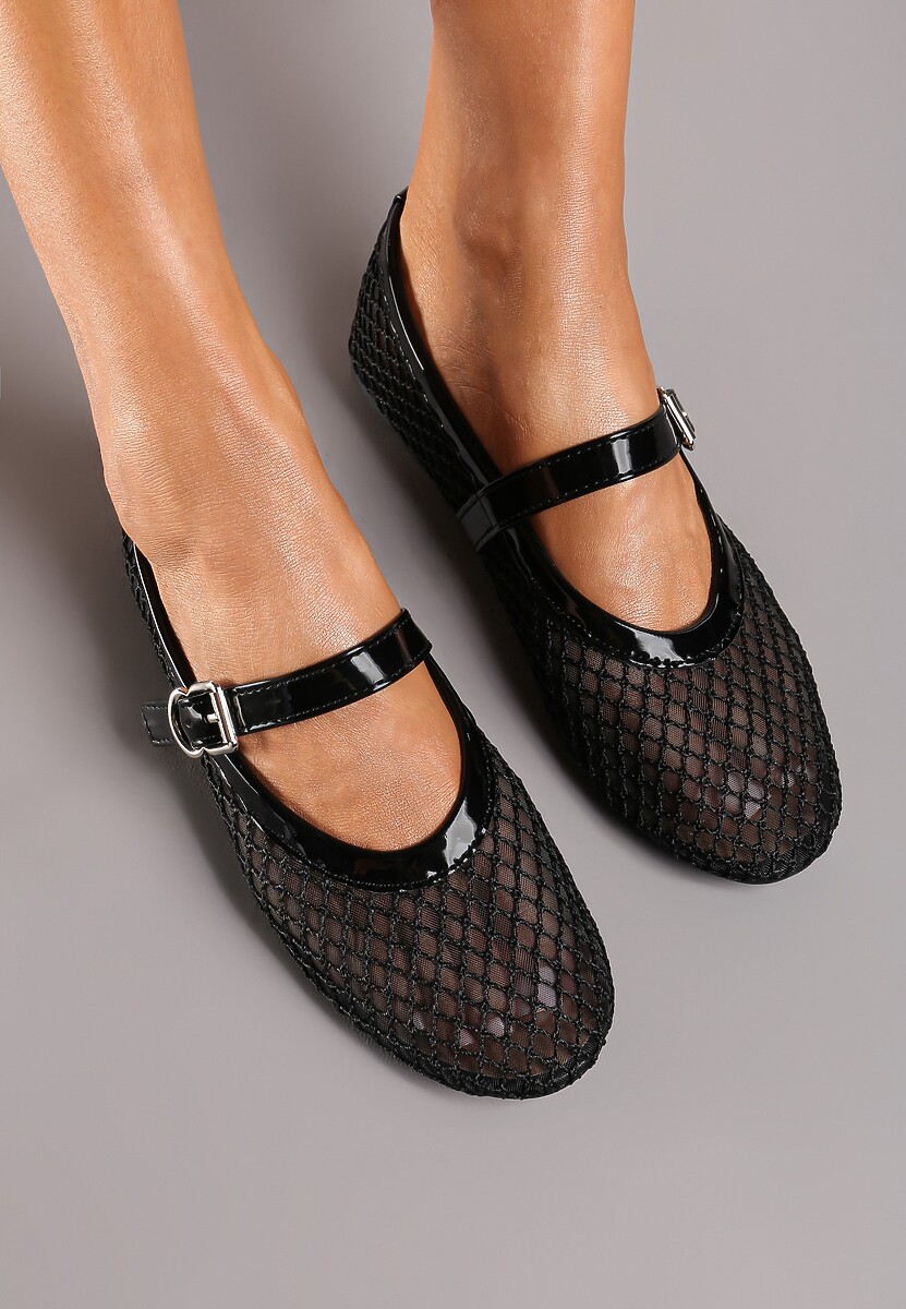 Czarne Siateczkowe Balerinki na Płaskiej Podeszwie w Stylu Mary Jane Evelenna