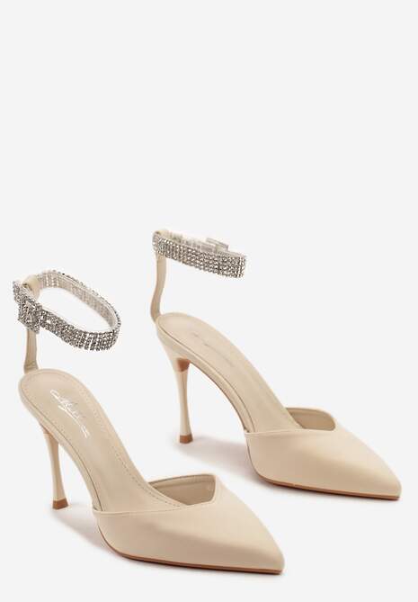 Beżowe Szpilki z Paskiem Wokół Kostki Zdobiony Cyrkoniami Faeillna