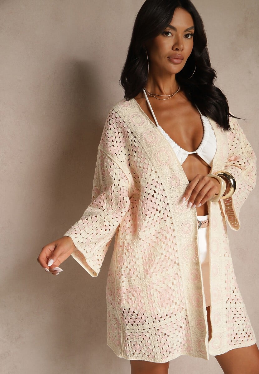 Różowo-Beżowy Ażurowy Kardigan z Bawełny Melionaia