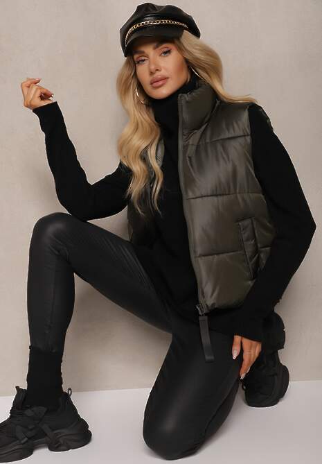 Ciemnozielona Klasyczna Kamizelka z Pikowanymi Przeszyciami i Stójką Zinnovea