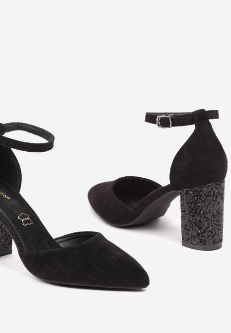 Czarne Eleganckie Czółenka Vices na Słupku Ozdobionym Brokatem ze Skórzaną Wkładką Rianora