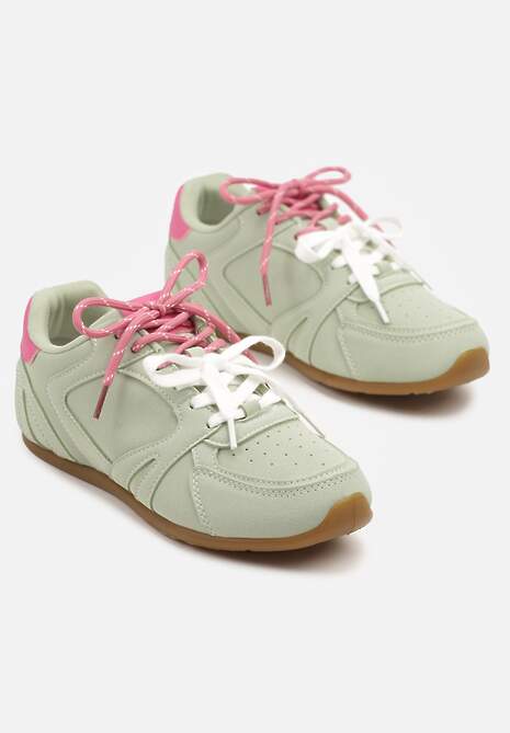 Jasnozielone Sneakersy Ozdobione Przeszyciami i Podwójnym Sznurowaniem Telisaria