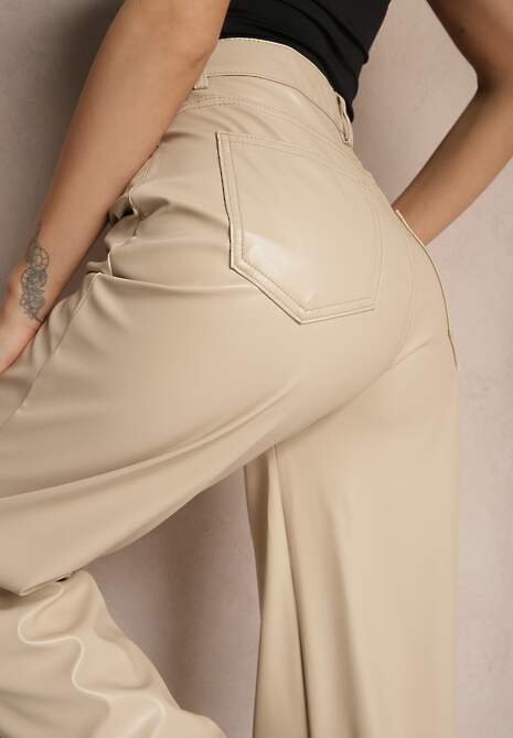 Beżowe Szerokie Spodnie High Waist z Imitacji Skóry Enawinn