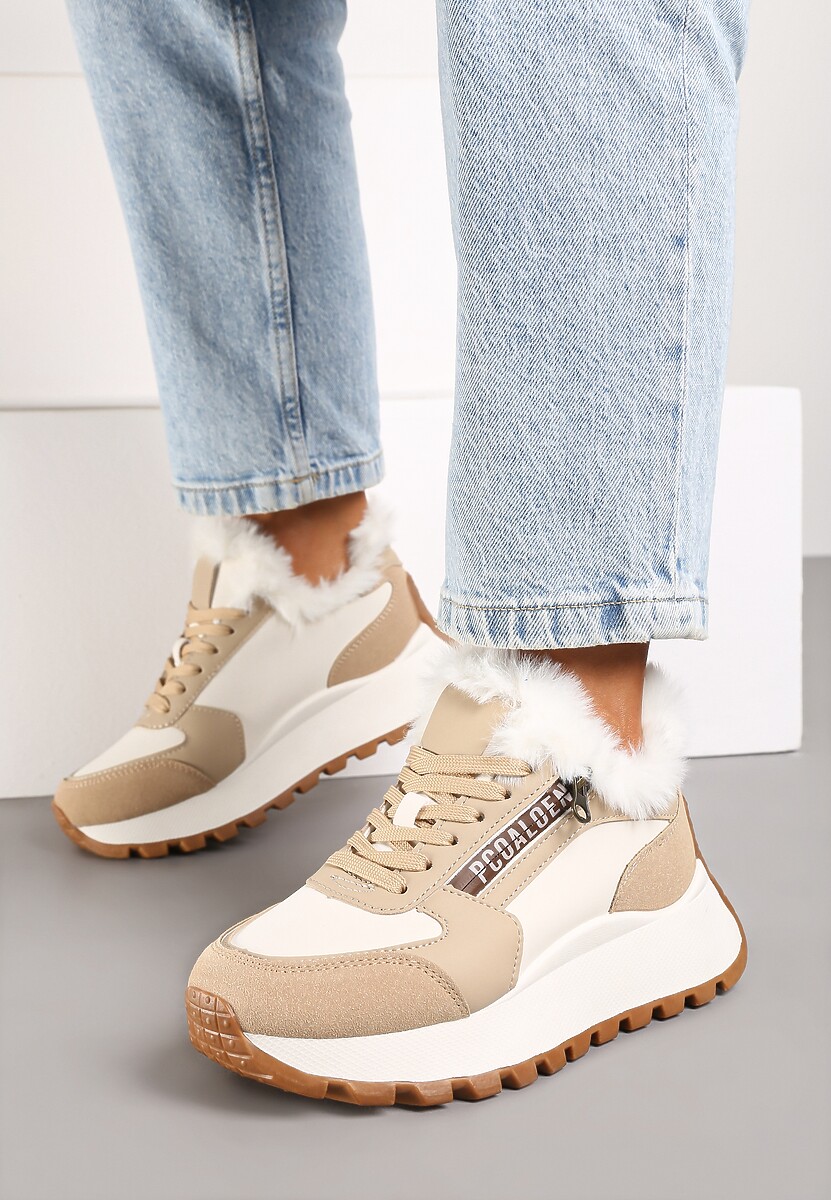 Beżowe Sneakersy na Platformie z Napisem Sznurowaniem i Futerkiem Vazina