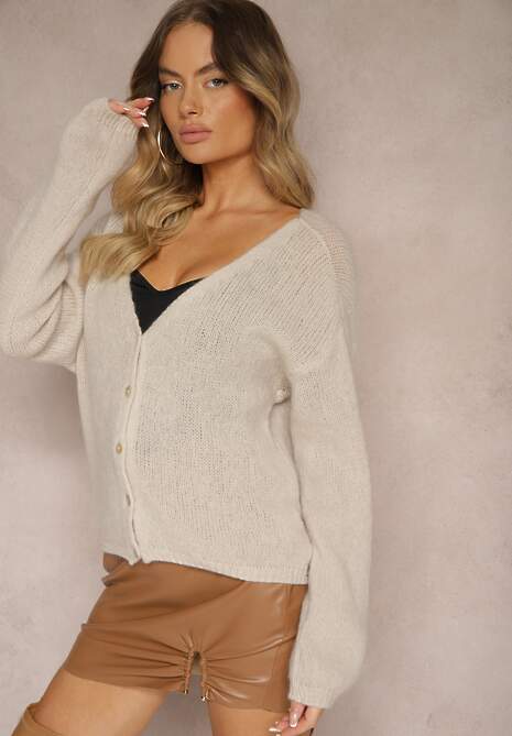 Beżowy Casualowy Kardigan z Moherem i Wełną Zapinany na Guziki Heslina