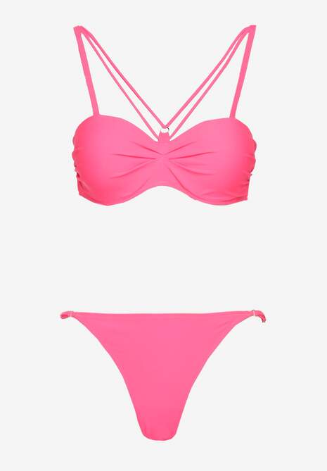 Różowe Bikini Majtki Typu Figi i Biustonosz z Ozdobnymi Paskami Fadelinna