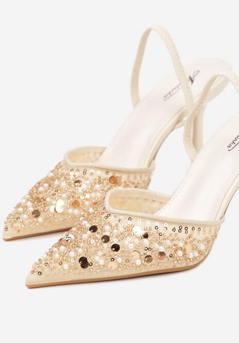Beżowe Szpilki Slingback Zdobione Perełkami i Cekinami Irifera