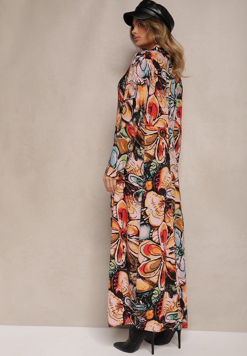 Granatowo-Pomarańczowa Wiskozowa Sukienka Koszulowa w Kwiaty z Guzikami przy Rękawach Enayira