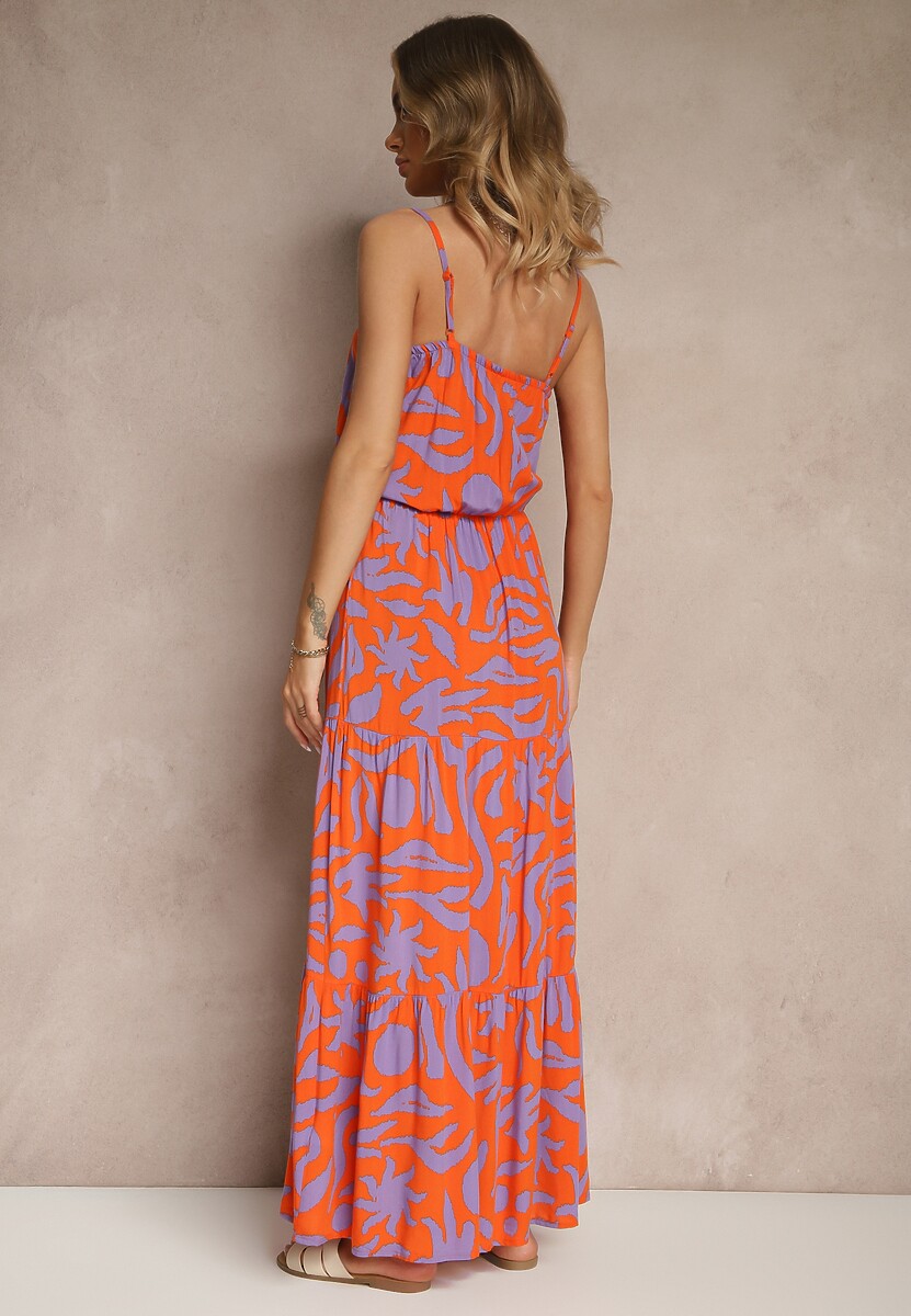 Pomarańczowo-Fioletowa Rozkloszowana Sukienka z Wiskozy na Ramiączkach Flesira