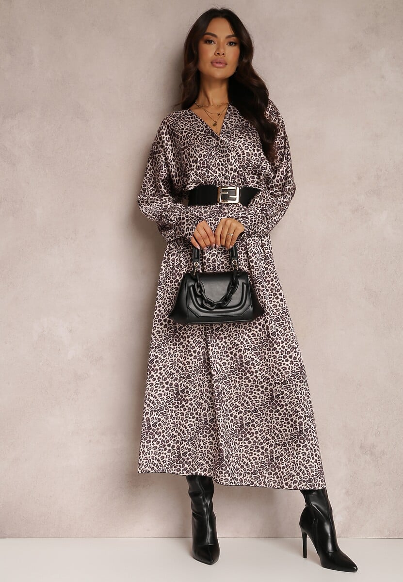 Beżowo-Brązowa Sukienka Rozkloszowana z Gumką w Pasie Philida