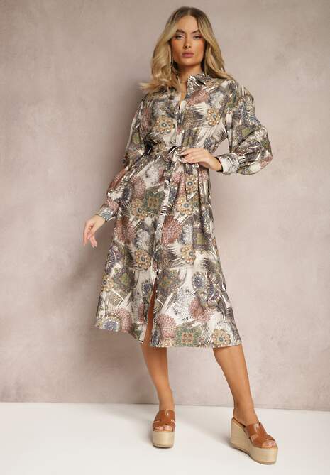 Niebieska Sukienka o Koszulowym Fasonie Wiązana w Pasie w Ornamentalny Wzór Blikkia