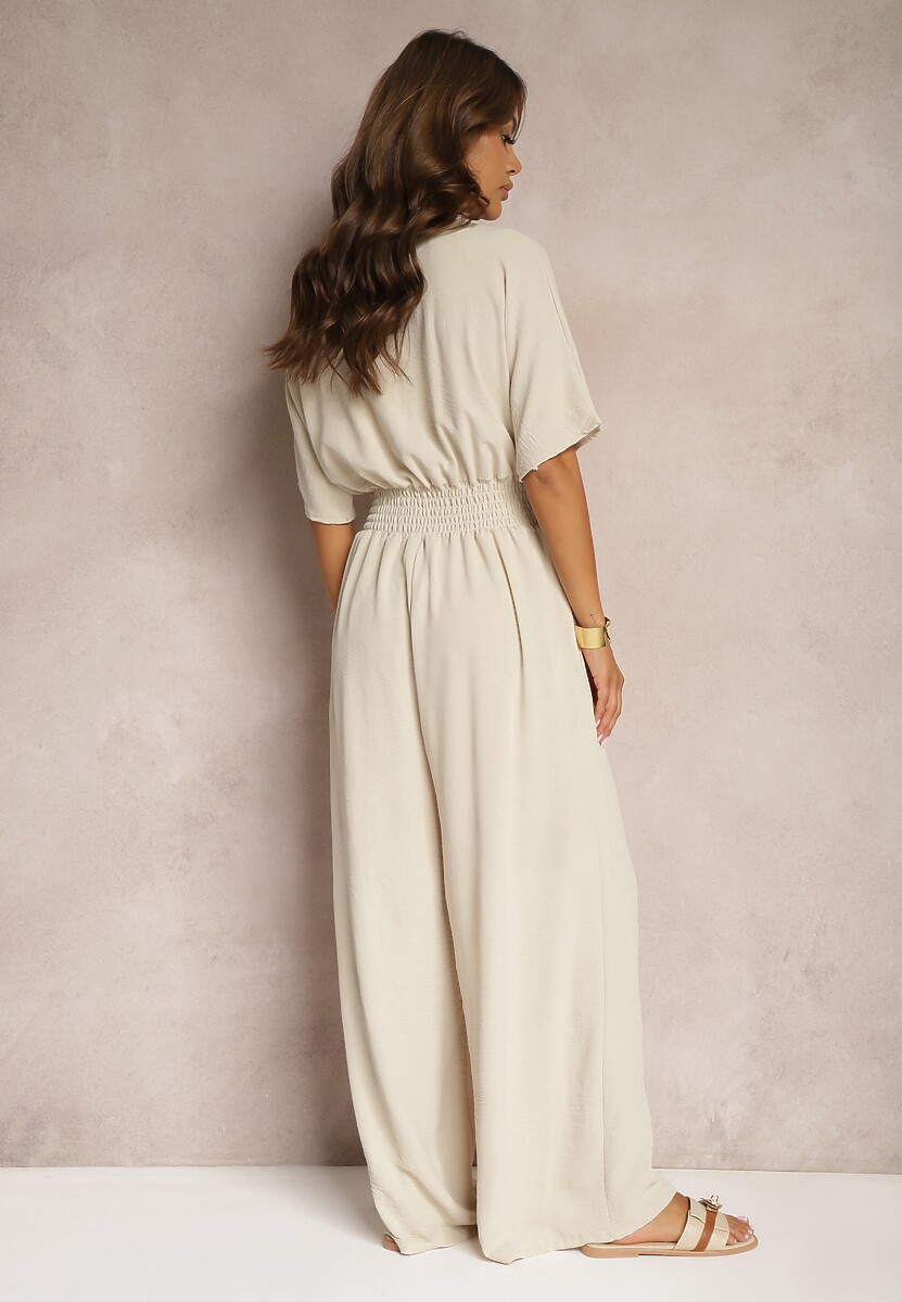 Beżowy Taliowany Kombinezon z Zakładkowym Dekoltem i Gumką w Pasie Vimalynna