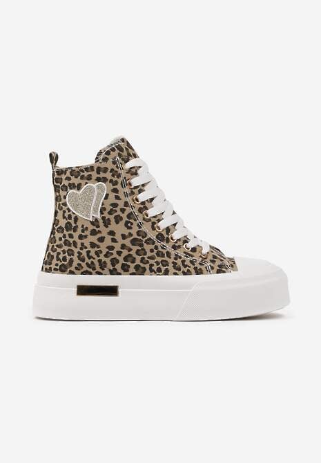 Panterkowe Trampki na Platformie z Wysoką Cholewką z Haftem z Brokatem Elanitha