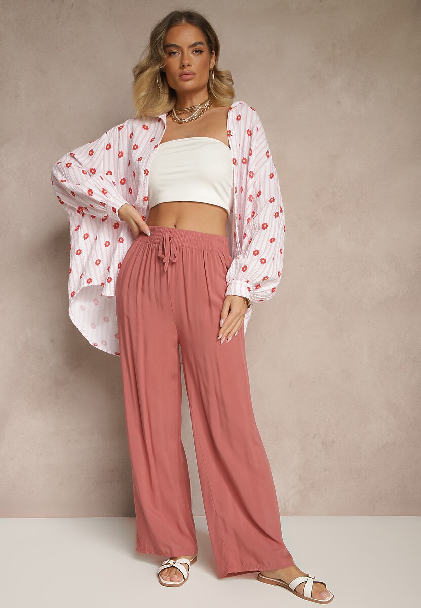 Różowe Szerokie Spodnie z Wiskozy High Waist Naivella