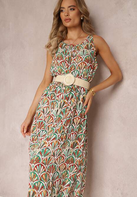 Brązowo-Zielona Sukienka w Ornamentalny Wzór z Wiskozy z Gumką w Talii Lellte