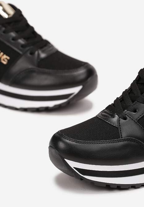 Czarne Brokatowe Sneakersy na Ozdobnej Podeszwie przed Kostkę Jariana