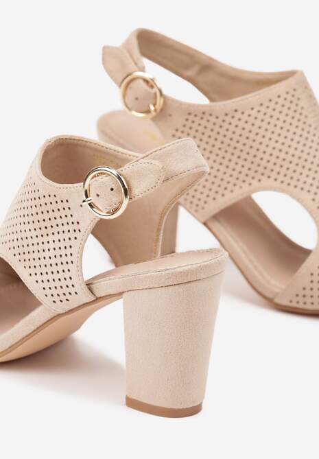 Ciemnobeżowe Sandały Vices na Słupkowym Obcasie z Ażurową Cholewką i Skórzaną Wkładką Obenea