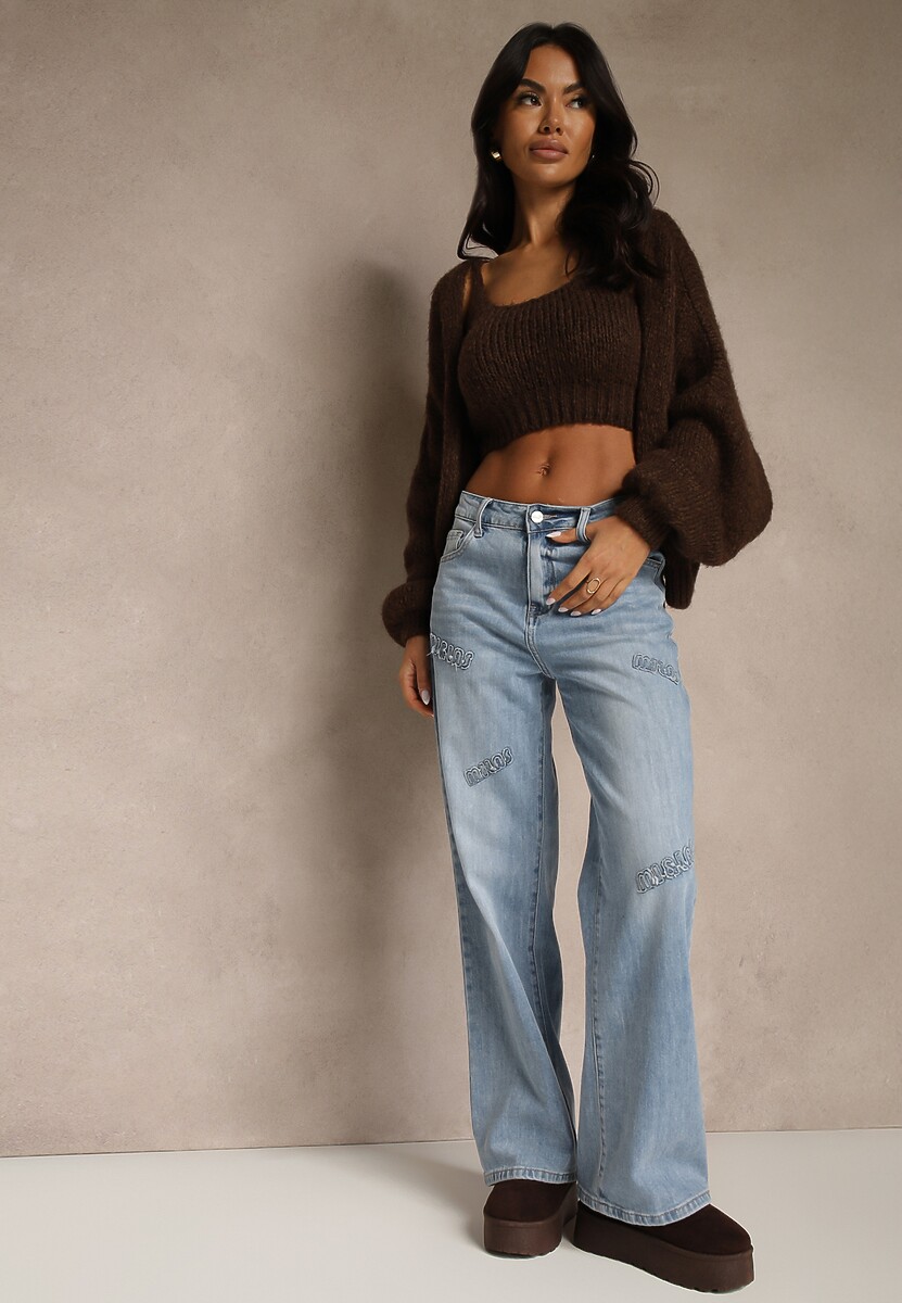 Niebieskie Szerokie Jeansy High Waist z Ozdobnymi Naszywkami Hleffia