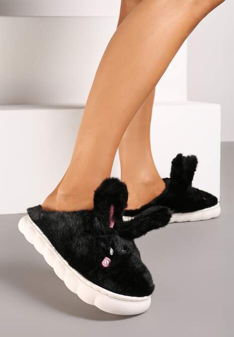 Czarne Futrzane Kapcie Vices na Platformie z Tłoczeniem w Stylu Królika Adarevia