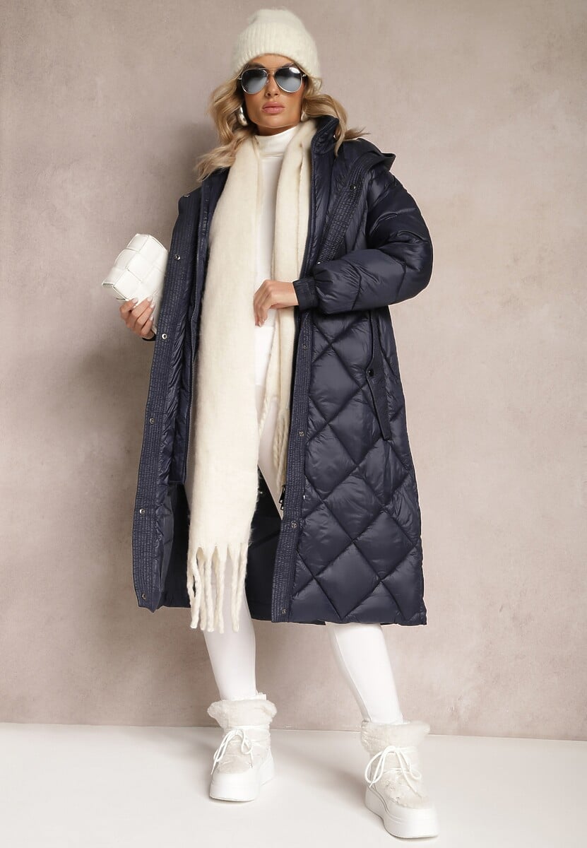 Granatowa Kurtka za Kolano Pikowana z Wiązanym Paskiem Cealia