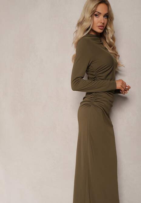 Ciemnozielona Sukienka o Dopasowanym Fasonie z Marszczeniem i Rozcięciem Galariel