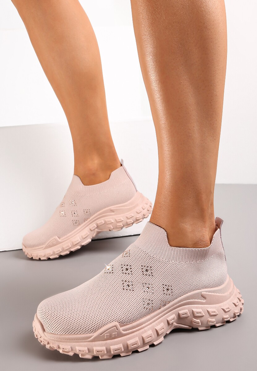 Różowe Buty Sportowe na Grubej Podeszwie z Elastyczną Cholewką z Cyrkoniami Kolby