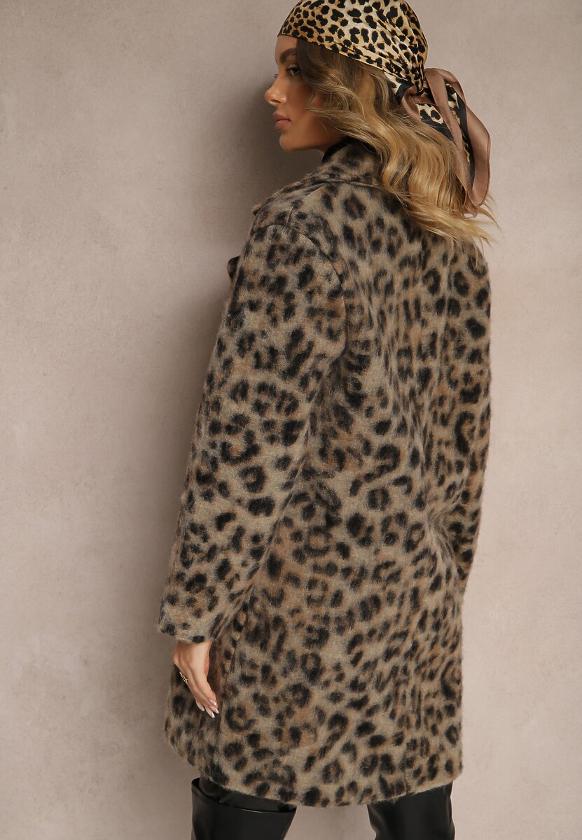 Beżowy Panterkowy Płaszcz Dwurzędowy z Wsuwanymi Kieszeniami Niarelith