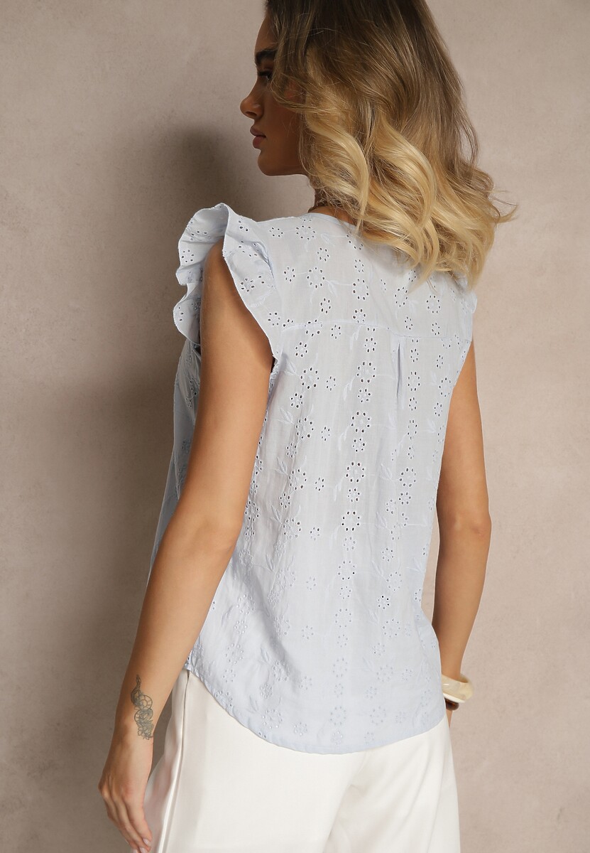 Jasnoniebieska Ażurowa Bluzka z Bawełny Ozdobiona Falbankami Ridilane