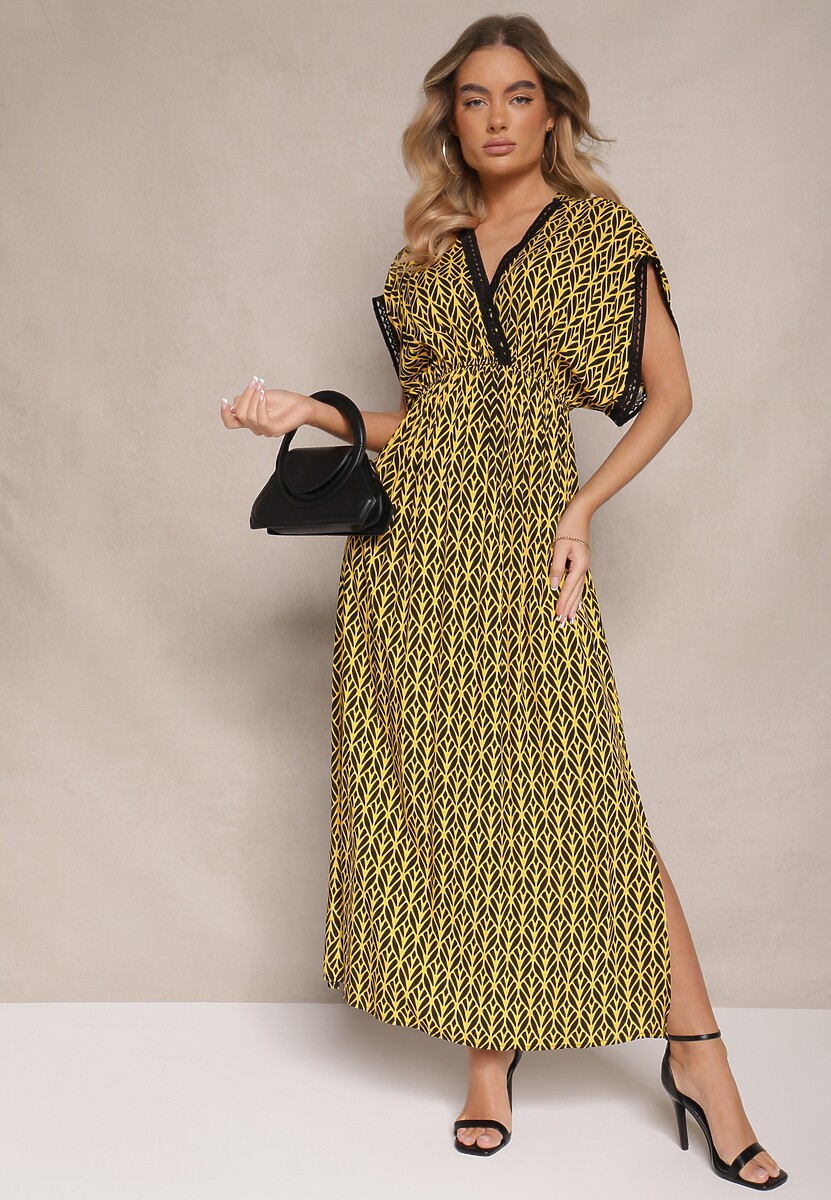 Żółta Sukienka Rozkloszowana z Bawełny Wykończona Koronką Lanadria