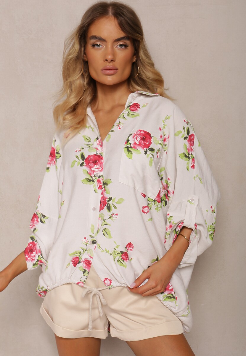 Biało-Różowa Wiskozowa Koszula Ściągana na Dole o Kwiatowym Wzorze Tinovis