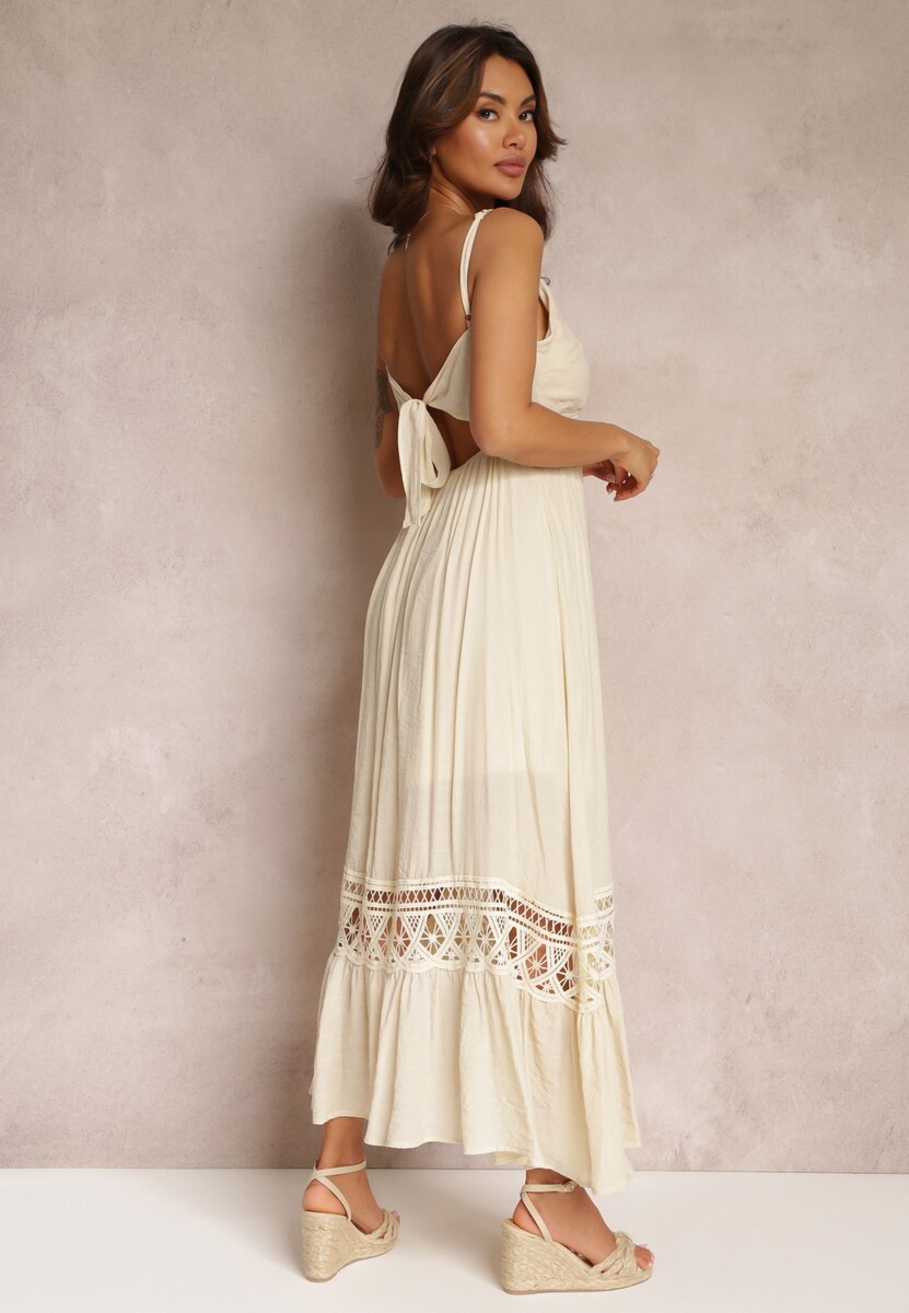 Beżowa Rozkloszowana Sukienka Maxi z Falbanką i Koronką Luluma