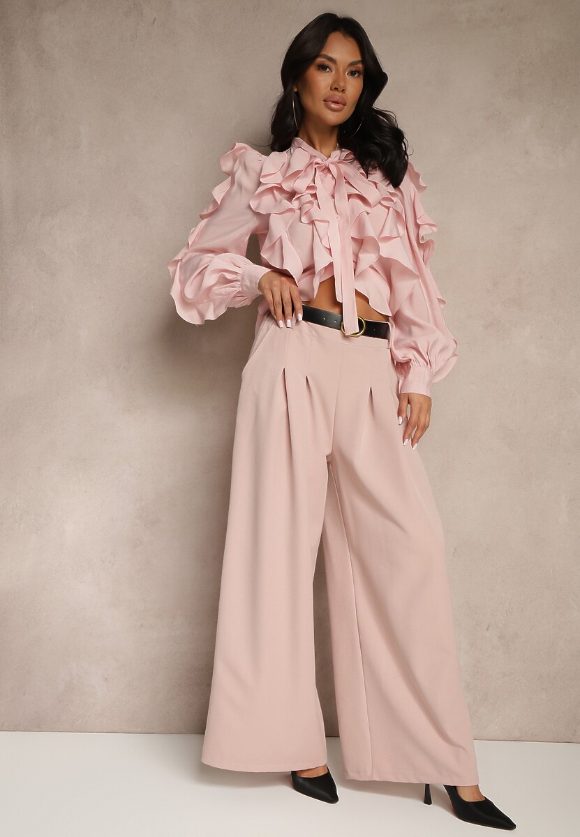 Beżowe Eleganckie Szerokie Spodnie Garniturowe z Wiskozą Ozdobione Paskiem Ravinae